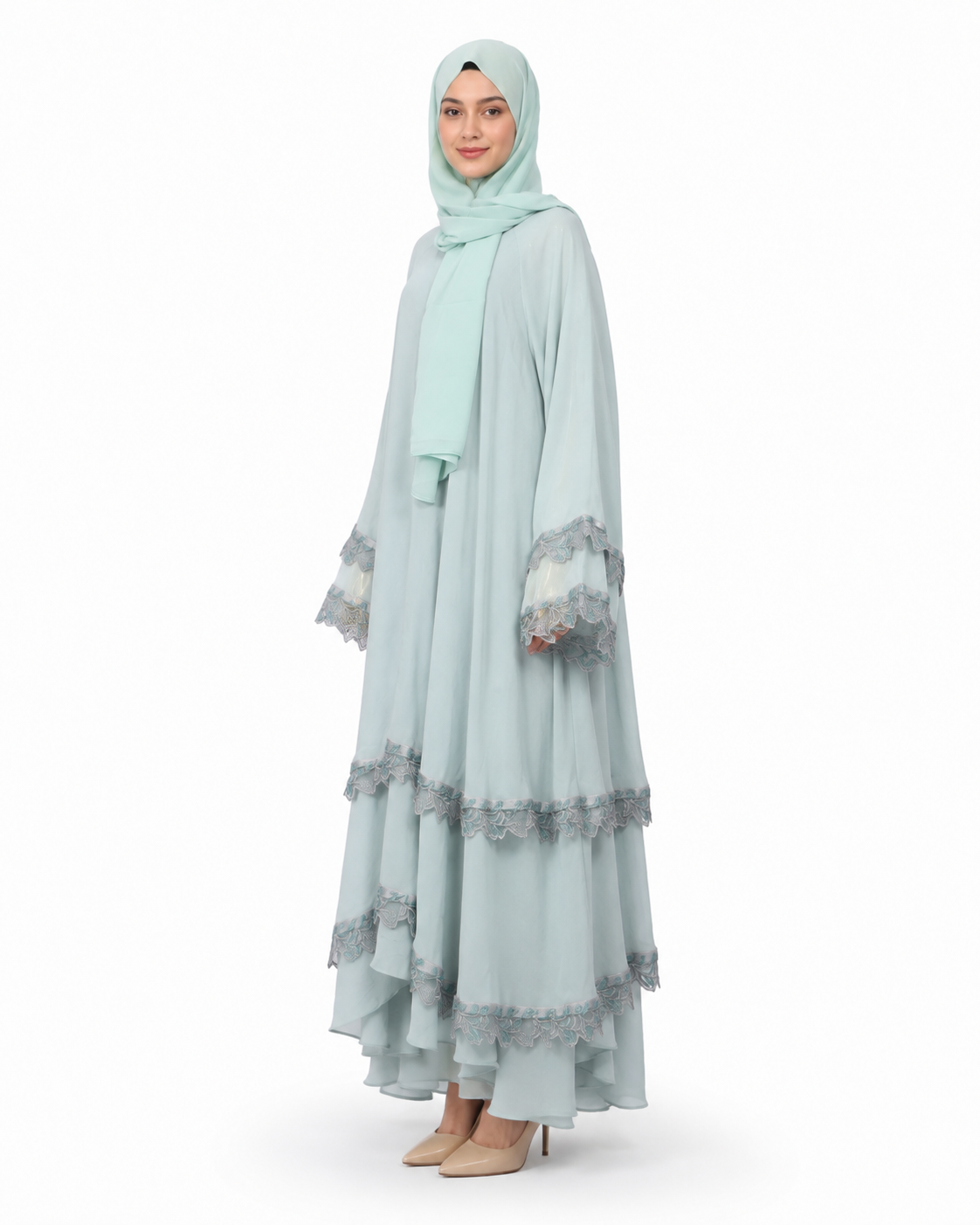 Mint Tiered Lace Umbrella Abaya