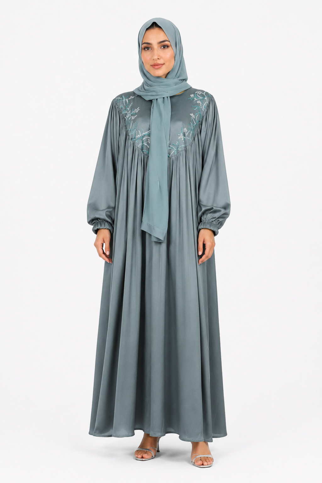 Sage Green Embroidered Yoke Umbrella Abaya