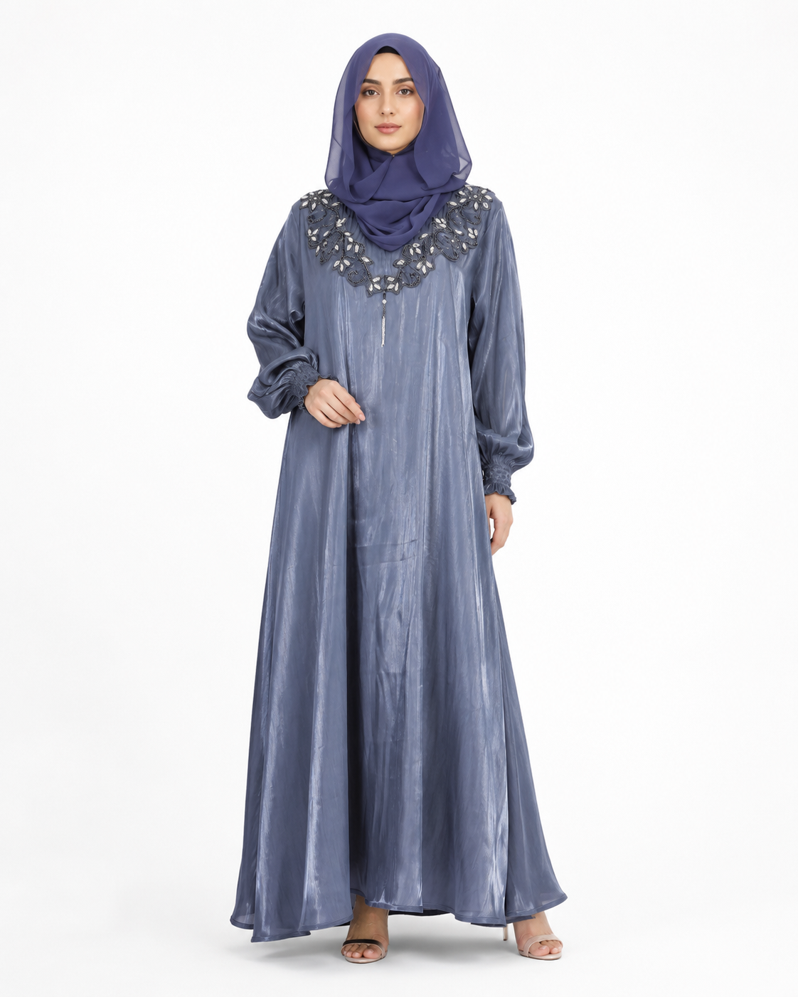 Steel Blue Beaded Neckline Umbrella Abaya